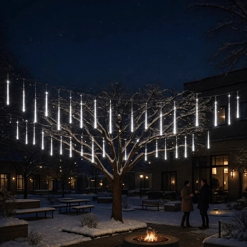 White vertical hanging string lights draped over a snow-covered tree in a nighttime outdoor courtyard with a fire pit, benches, buildings, and two people standing nearby.