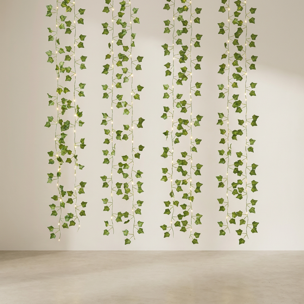 Green ivy wall hanging with warm white string lights, suspended in vertical strands against a plain beige wall and light floor.