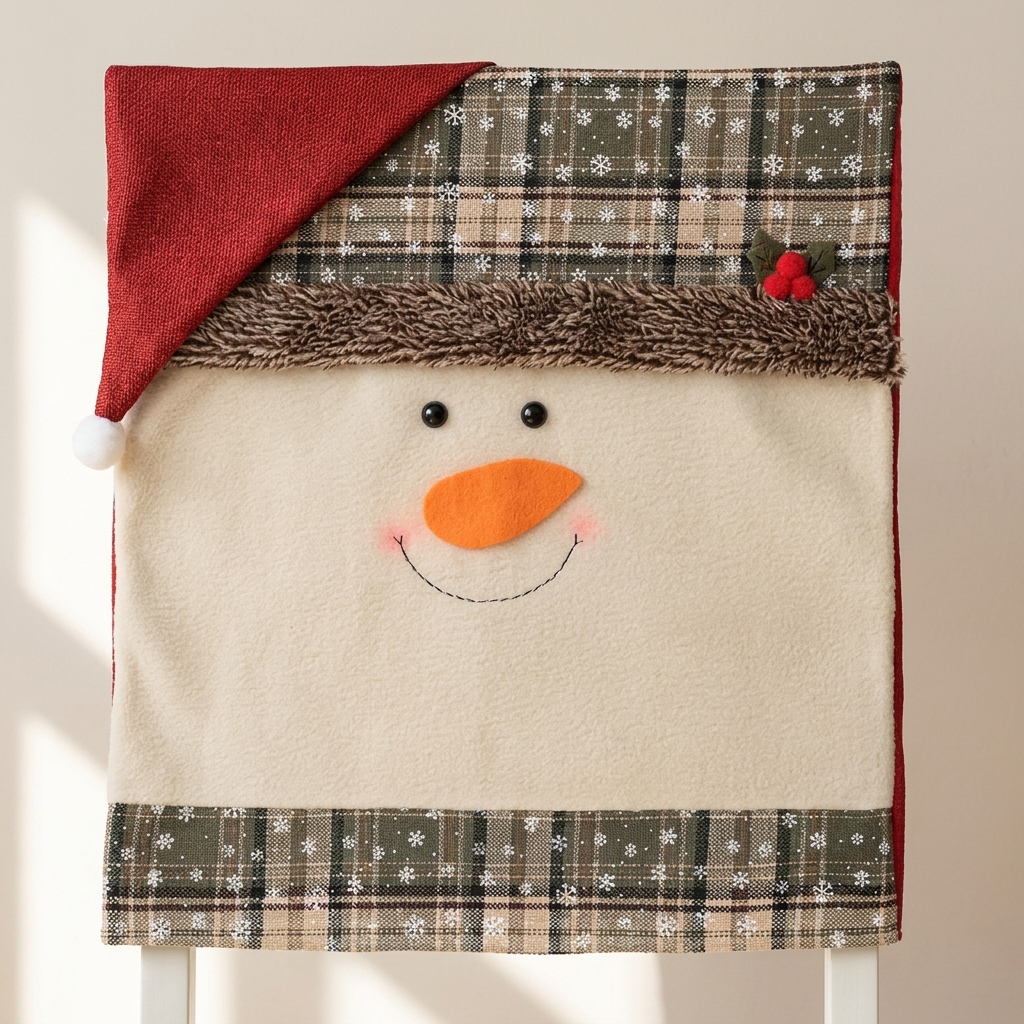 A festive snowman face chair cover or decorative panel with a red Santa hat, plaid patterned trim, faux fur trim, embroidered smile, and a carrot nose, shown against a plain light background.