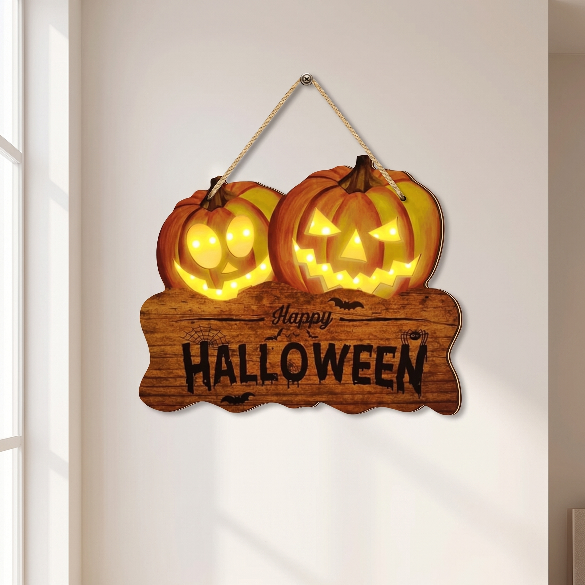 A Halloween wall sign with two glowing jack-o'-lantern pumpkins above a rustic wooden plaque that reads 'Happy Halloween,' hanging from a rope against a light wall near a window.