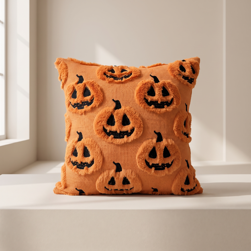An orange textured throw pillow with a repeating raised jack-o'-lantern pattern, styled on a white windowsill with soft natural light.
