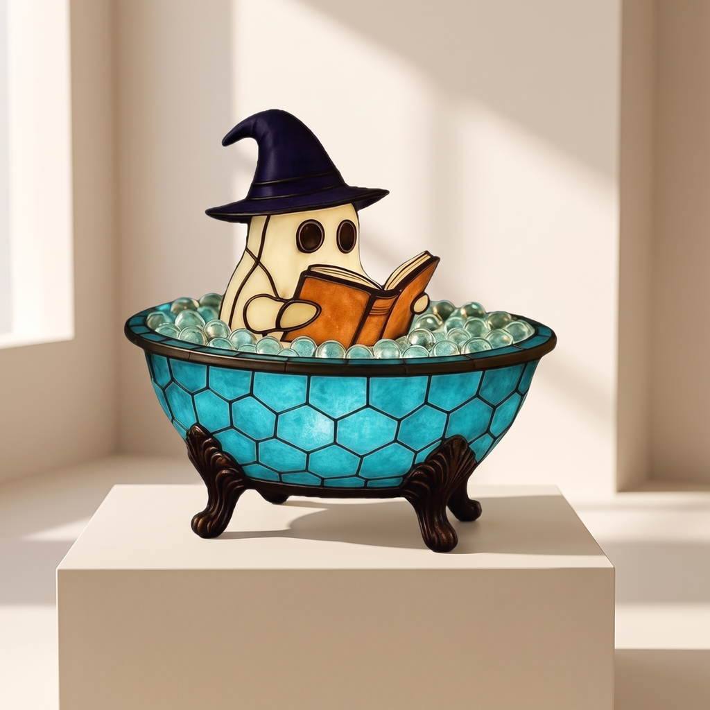 A decorative stained-glass-style figurine of a small ghost wearing a witch hat and reading an orange book, sitting inside a turquoise bowl filled with clear glass beads, displayed on a beige pedestal in a softly lit room.