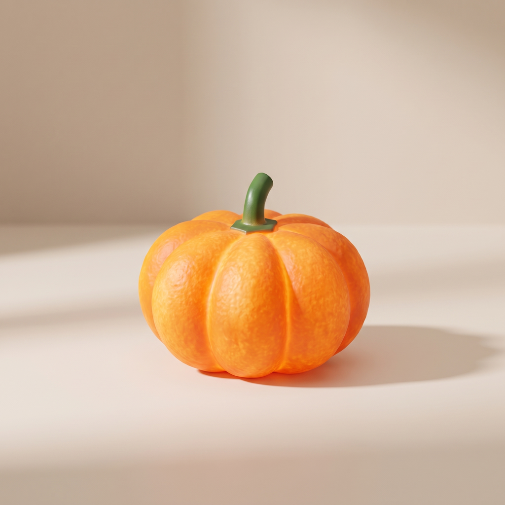 A small decorative orange pumpkin figurine with a green stem, standing on a light beige surface against a matching beige background with soft shadows.