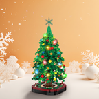 A green LEGO-style Christmas tree set with colorful ornaments and glowing lights on a round base, centered against a warm beige background with white snowflake decorations.