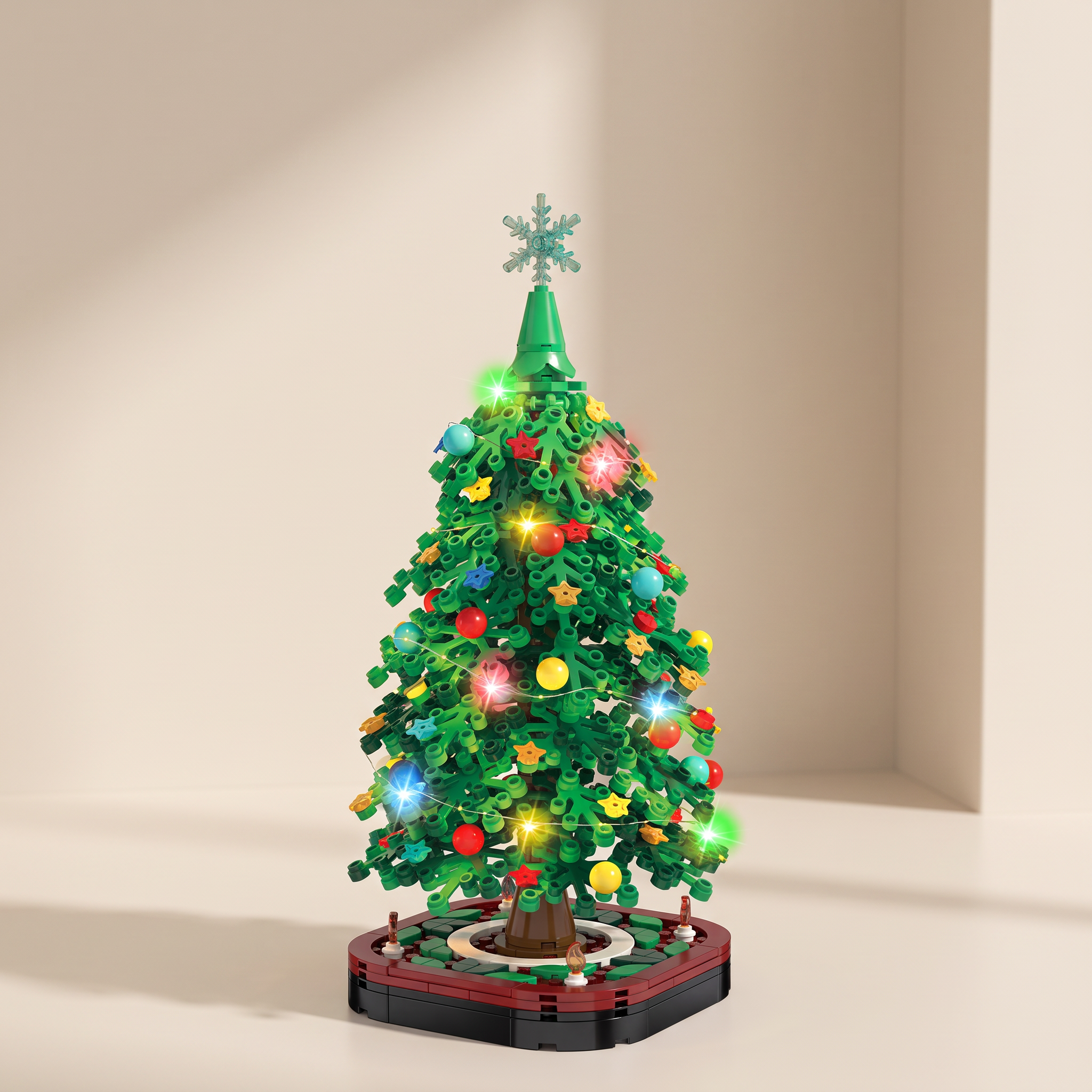 A small green LEGO-style Christmas tree with colorful ornaments and glowing lights, standing on a round base against a warm beige studio background.