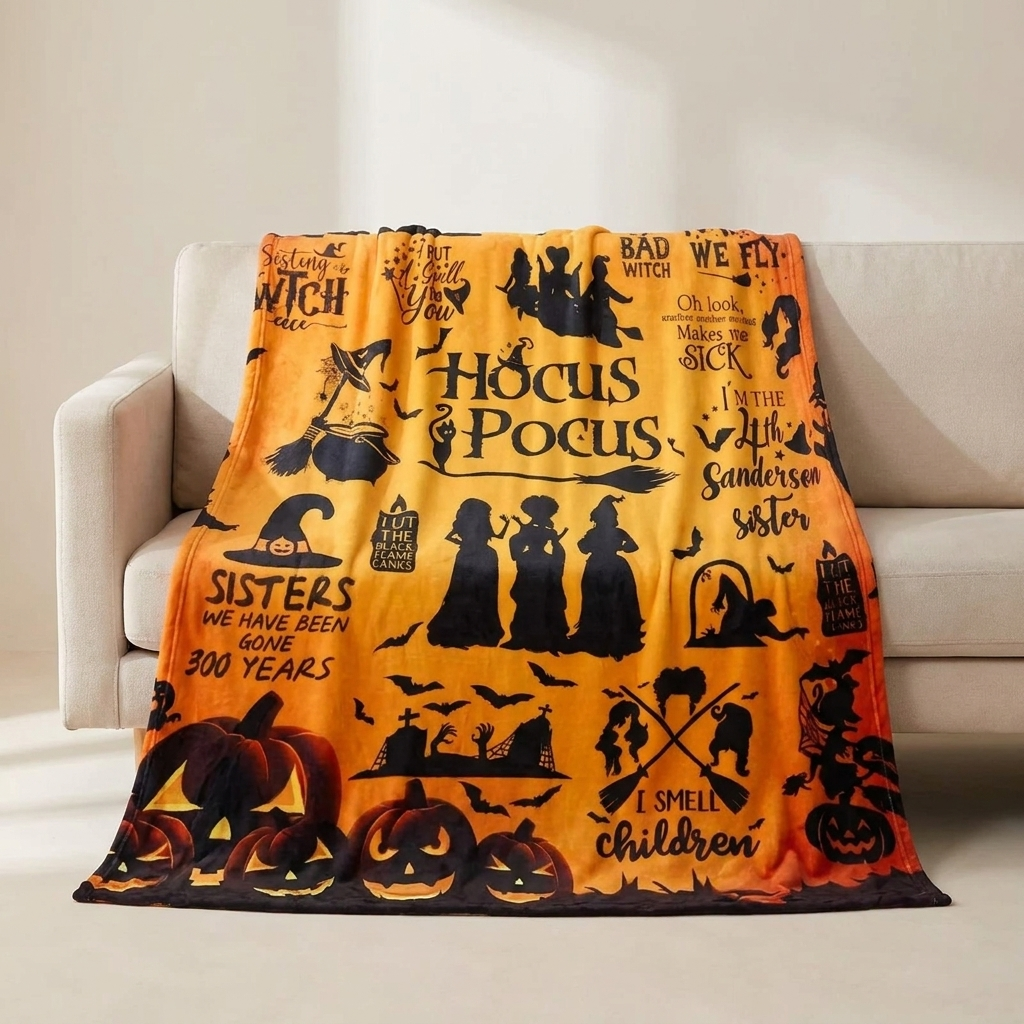 A cozy orange and black fleece throw blanket with a Halloween witch theme, draped over a light beige armchair in a bright, modern room.