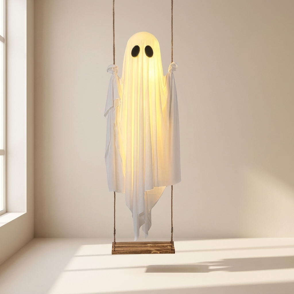 A ghost-shaped hanging swing lamp made from a glowing white sheet with black eyes and a wooden seat, suspended in a minimalist room by ropes.