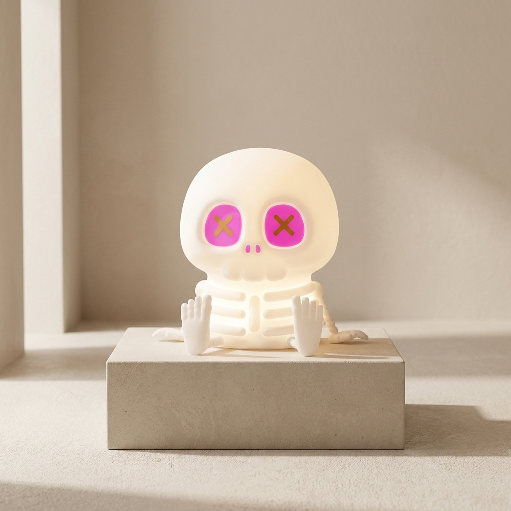 A cute white skeleton lamp with pink X-shaped eyes sits on a concrete block in a minimalist beige room.