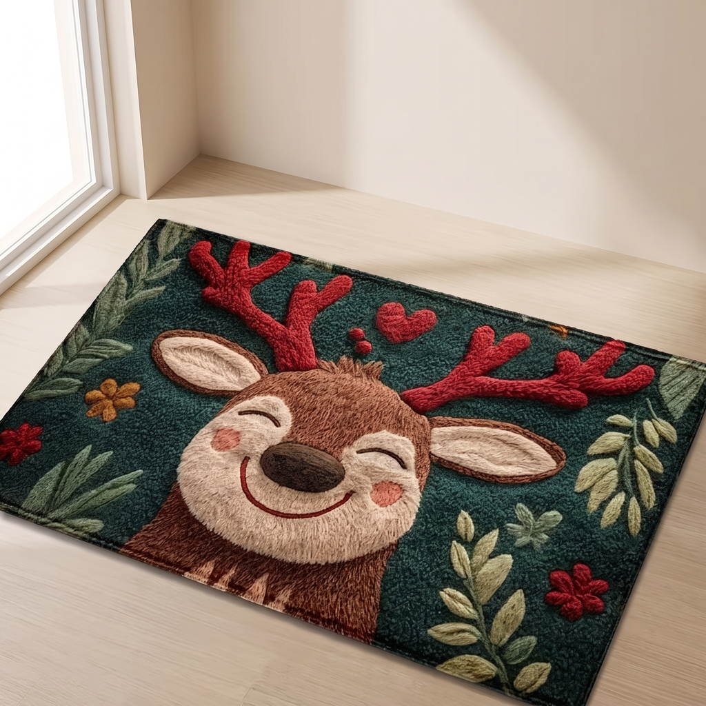 A rectangular area rug with a 3D tufted deer design, placed on a light wood floor in a brightly lit room corner.