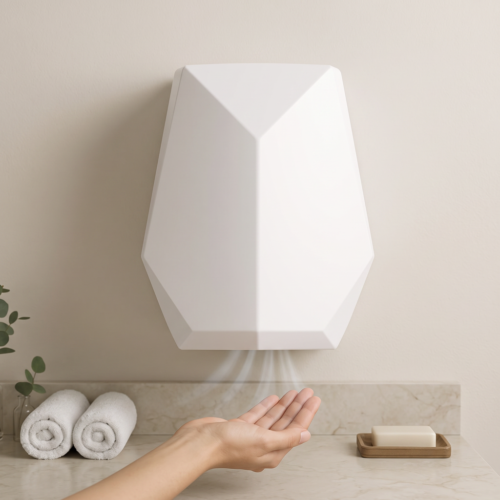 A white geometric wall-mounted hand dryer is shown in a bathroom setting with a person's hand under it, alongside rolled towels, a soap bar, and a marble countertop.