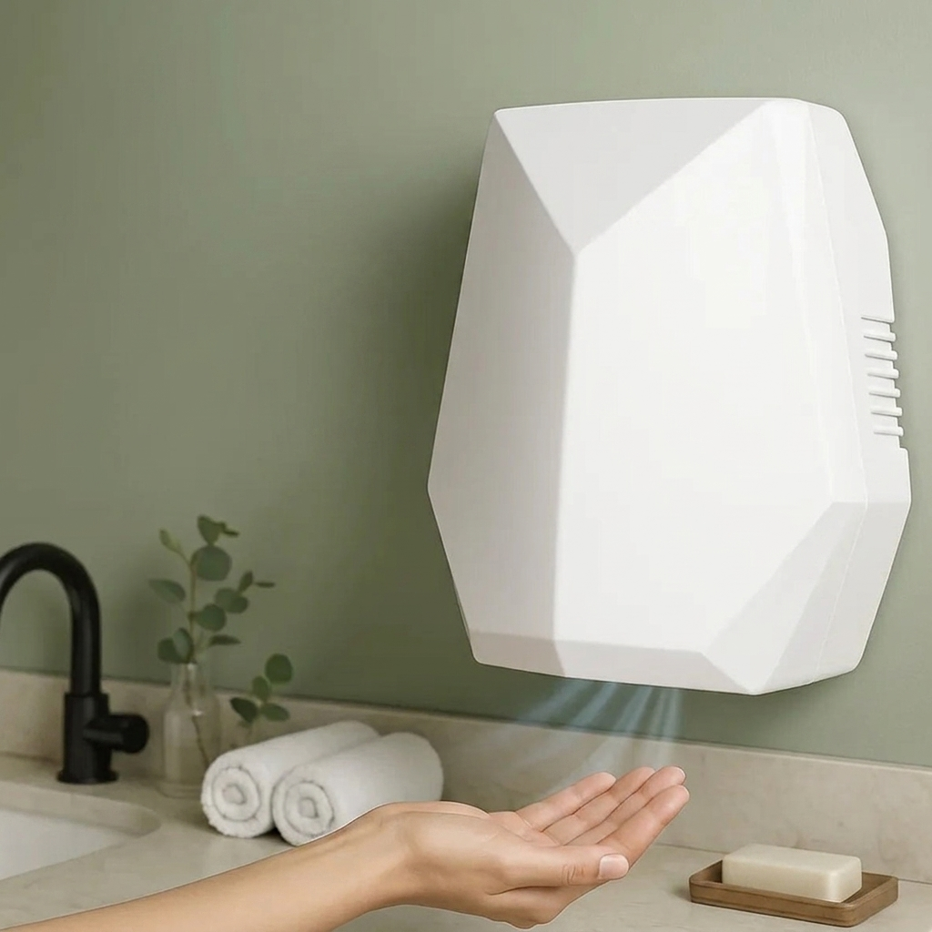 A white wall-mounted hand dryer with a geometric design, shown with a person's hand hovering under it in a bathroom setting.
