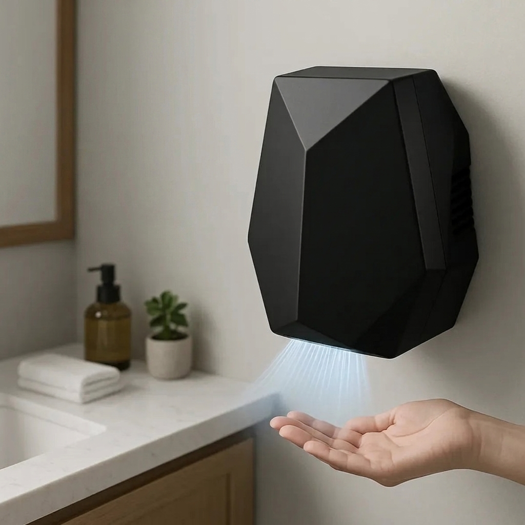 A black faceted wall-mounted hand sanitizer dispenser in a bathroom setting, with a hand reaching under the projected stream of sanitizer mist.