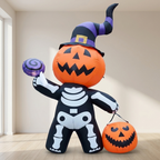 Inflatable Halloween decoration shaped like a skeleton pumpkin, with an orange jack-o'-lantern head, black-and-white skeleton body, purple witch hat, and an orange pumpkin bucket, shown standing indoors against a beige wall.