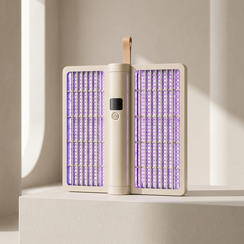 A portable electric insect zapper device with a beige body, illuminated purple grid wings, and a small hanging loop, displayed on a minimalist beige pedestal.