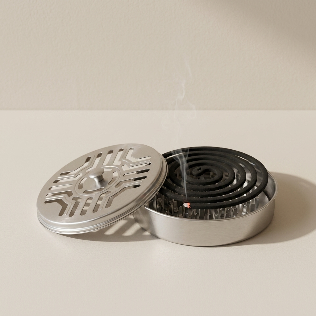 A round metal incense holder with a matching lid, shown open with a black coil of incense inside and a small red ember. The product is photographed on a clean, light beige surface against a matching beige wall.