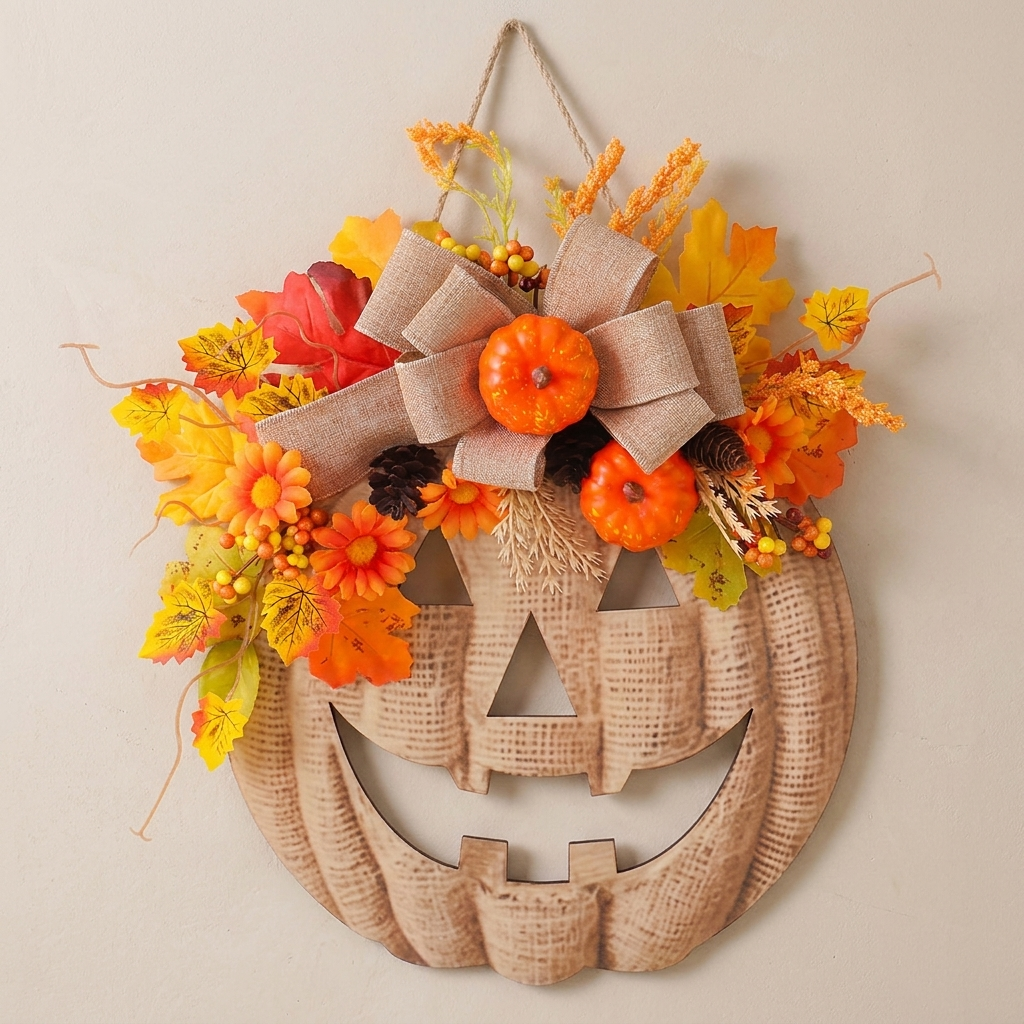 A burlap jack-o'-lantern Halloween wall hanging decorated with orange autumn leaves, artificial flowers, two small orange pumpkins, and a large beige burlap bow, shown against a plain beige wall.