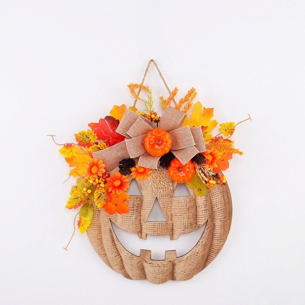 A burlap pumpkin Halloween wall hanging decorated with orange and yellow autumn flowers, leaves, pinecones, and a large burlap bow, shown against a plain white background.