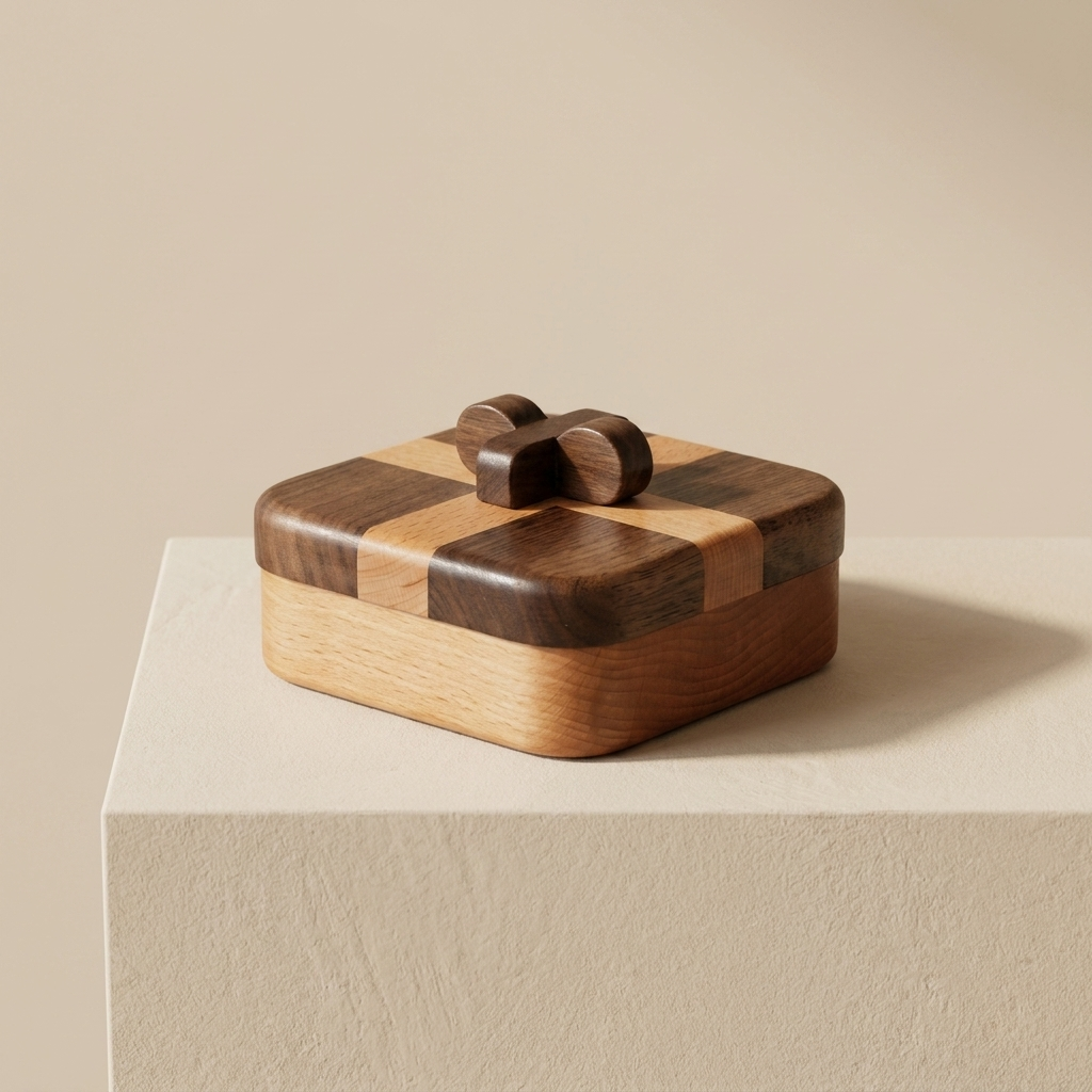 A small rectangular wooden keepsake box with a checkered dark and light wood lid and a matching bow on top, displayed on a beige pedestal against a warm beige background.
