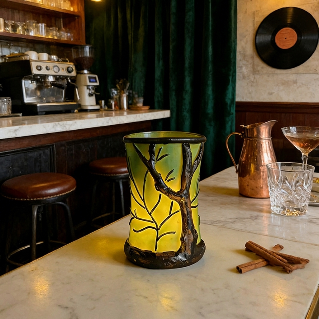 A decorative ceramic candle holder with a tree silhouette design, glowing with a warm yellow light, set on a marble counter in a cozy, dimly lit bar or cafe environment.