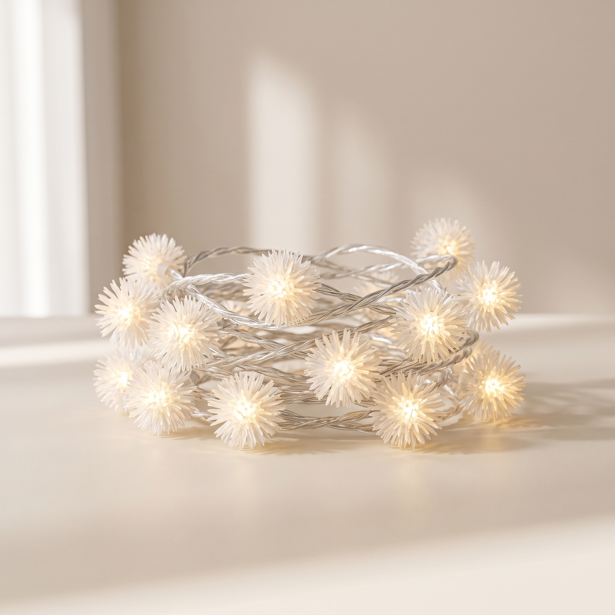 Coiled white dandelion string lights glowing with a warm yellow light, resting on a beige surface with soft window shadows.