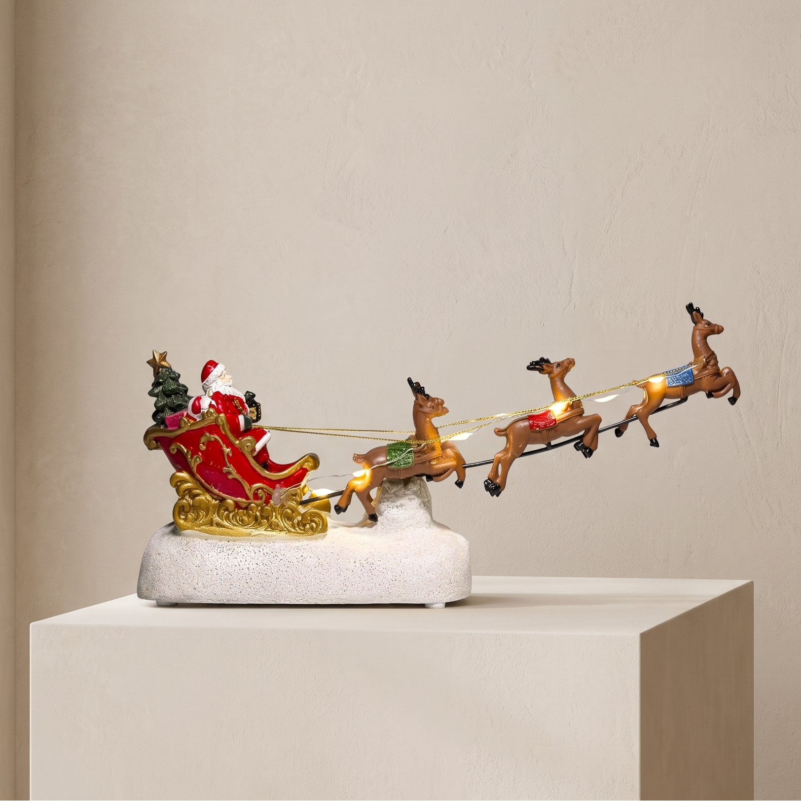 Christmas Sleigh Figurine, Santa and Reindeer Scene, LED Lights, Battery Powered