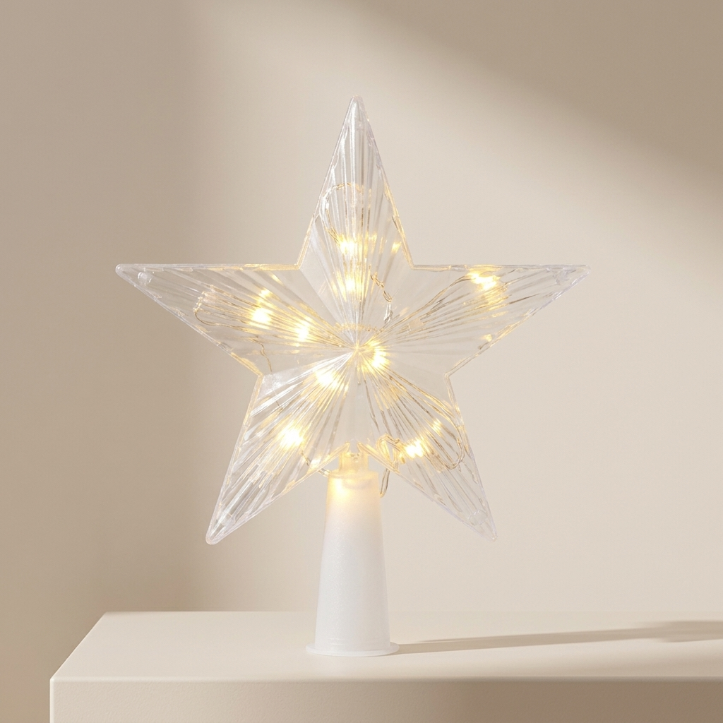 A clear acrylic star tree light with warm white LED fairy lights glowing inside, mounted on a white cylindrical base and displayed on a light beige surface against a matching neutral background.