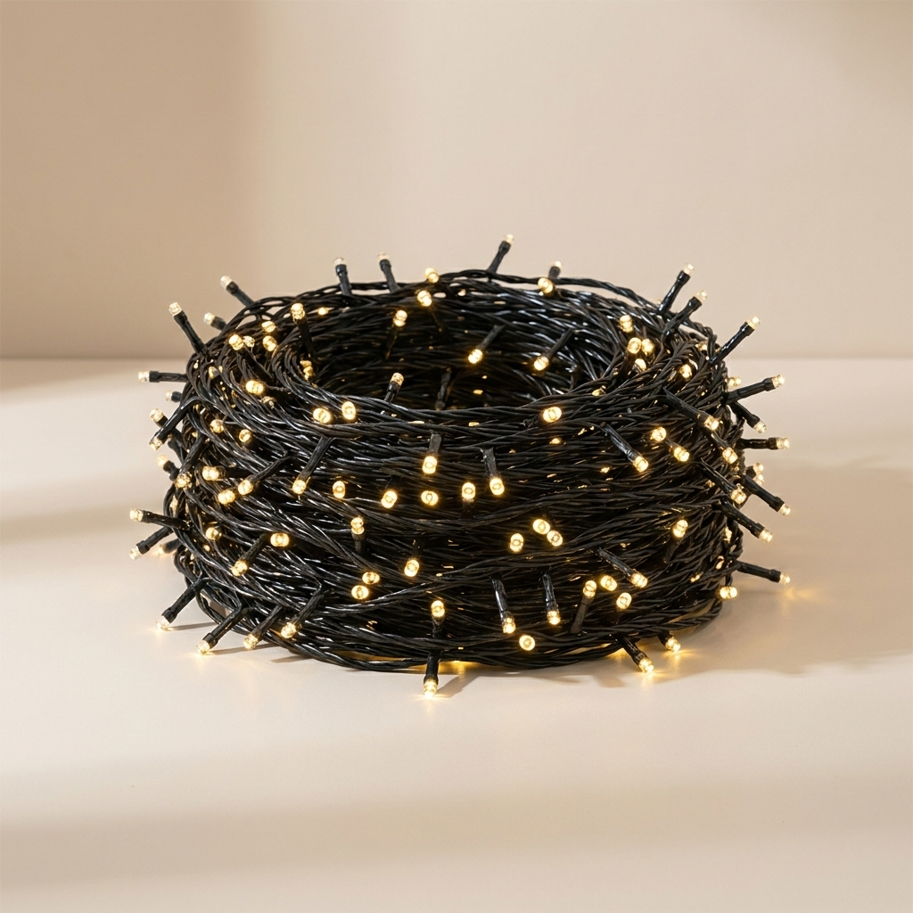 A coiled bundle of black string lights with warm white illuminated bulbs, photographed on a clean beige studio surface and background.