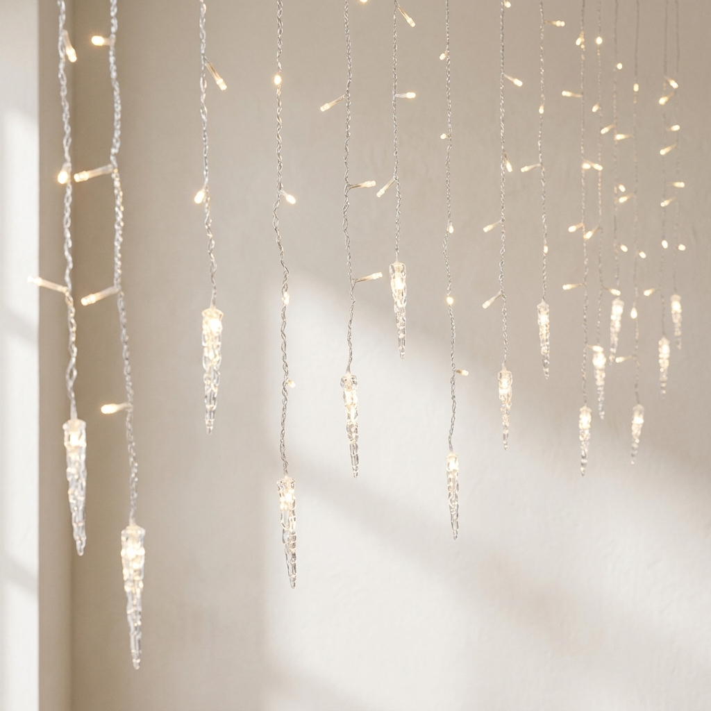 Iced candle-style string lights hanging in vertical strands against a plain light beige wall, casting a warm glow.