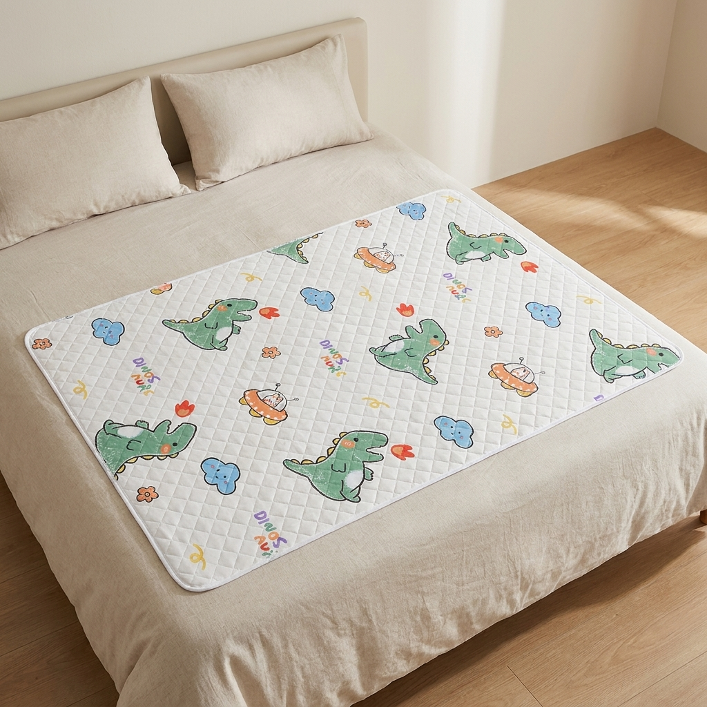 A quilted baby mattress protector with a colorful cartoon dinosaur and cloud pattern, shown on a bed with beige bedding in a brightly lit bedroom.