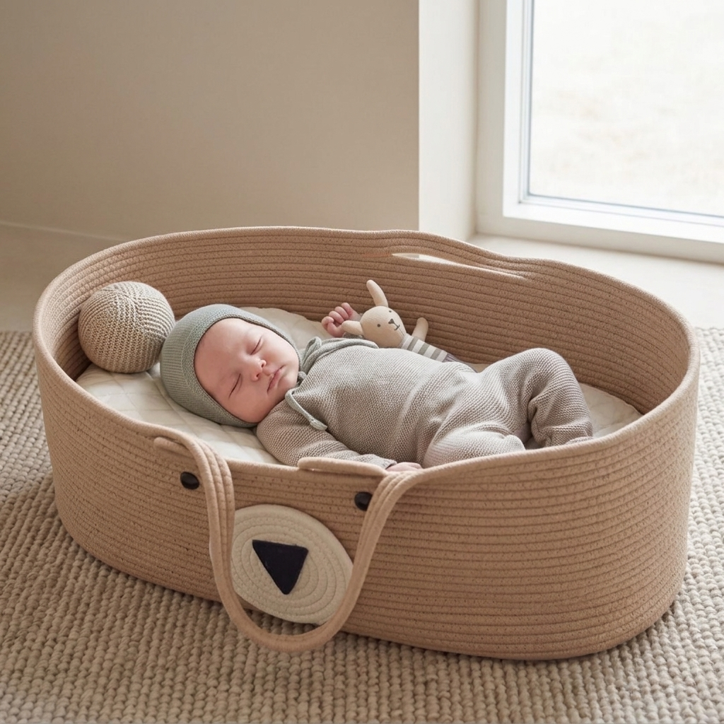 Woven Moses Basket with Breathable Design and Integrated Handles for 9kg Capacity
