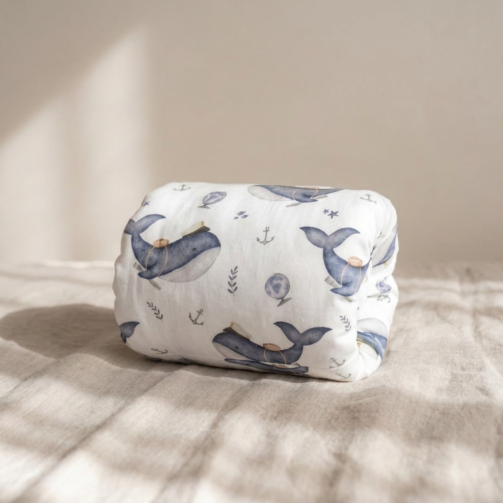 A folded white muslin baby swaddle blanket featuring a blue whale and anchor pattern, styled on a beige linen surface with soft natural shadows.