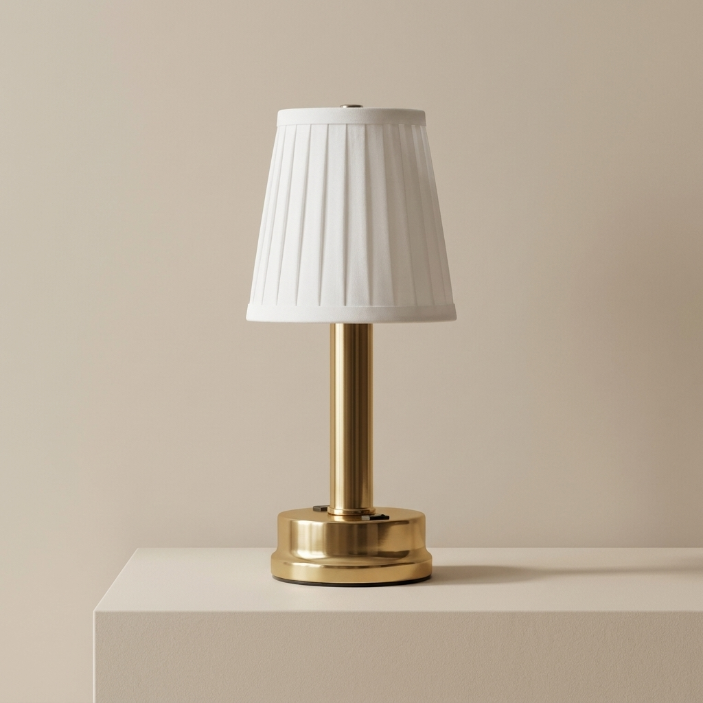 A table lamp with a white pleated fabric shade and a polished gold metal base, displayed on a matching cream-colored pedestal against a neutral beige background.
