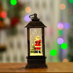 Decorative lantern with a Santa Claus figure inside, against a blurred festive background with lights.