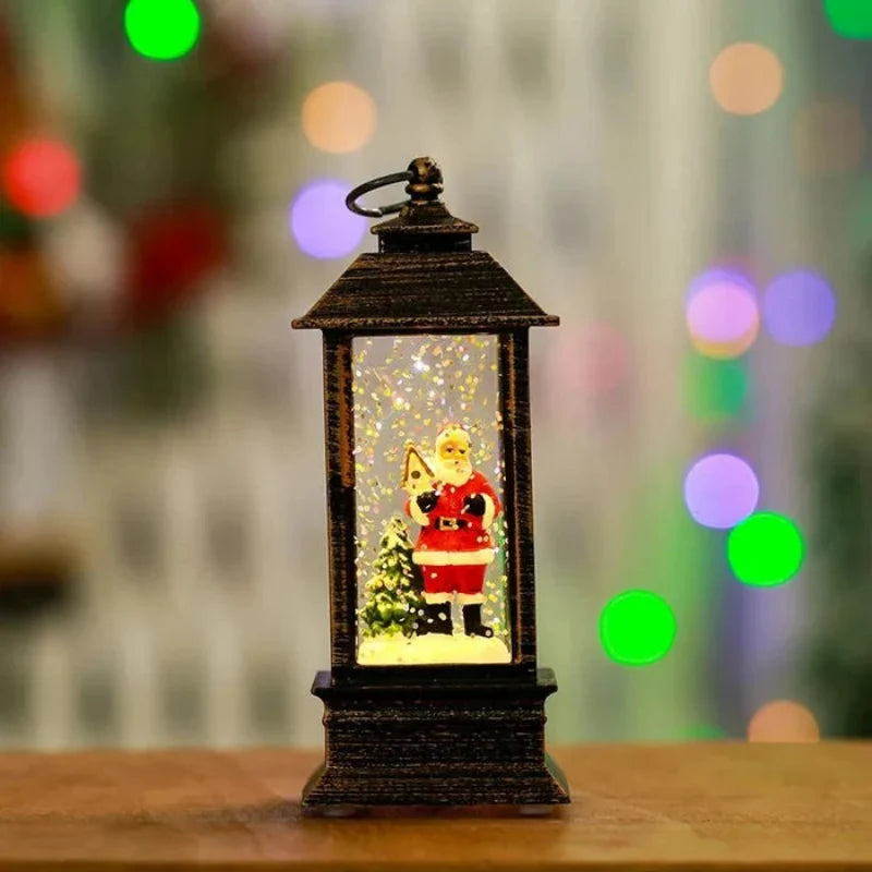 Decorative lantern with a Santa Claus figure inside, against a blurred festive background with lights.