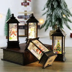 Set of decorative lanterns with Christmas scenes inside on a wooden surface.