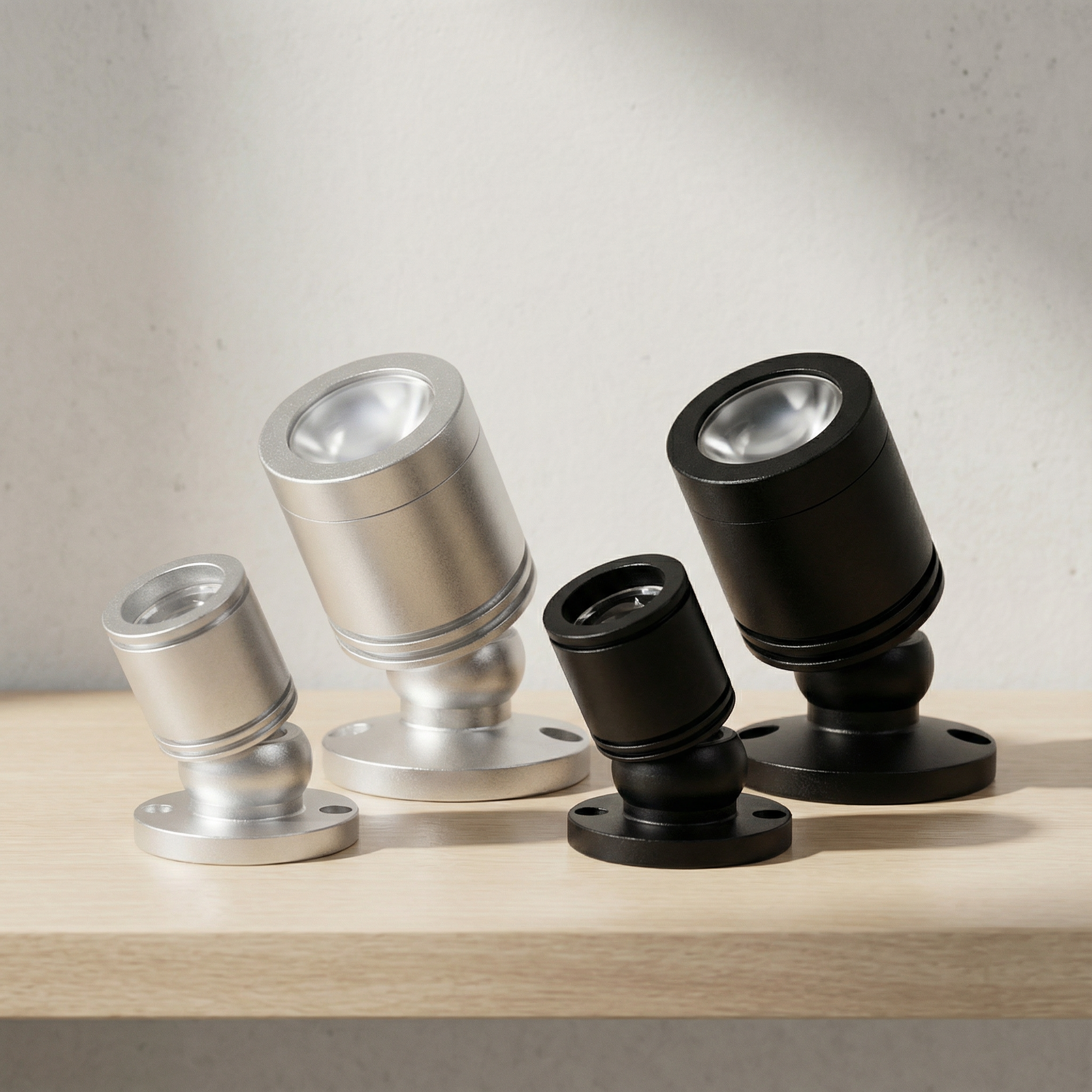 Two silver and two black outdoor spotlights on a wooden surface with a neutral background