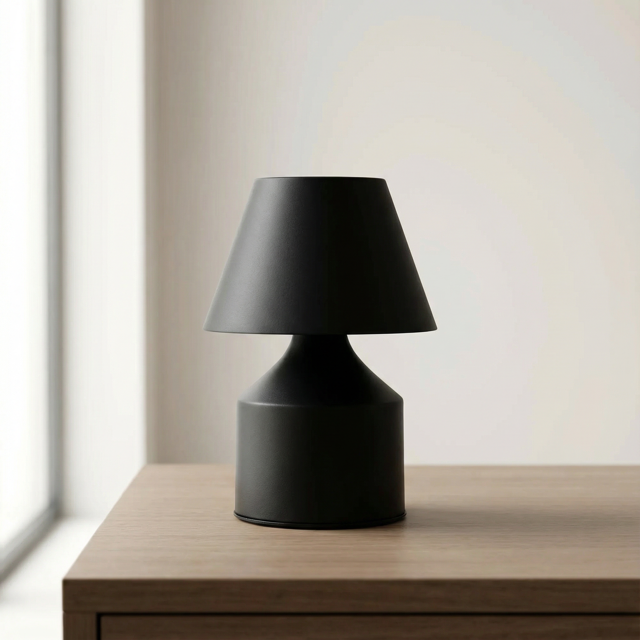 Black table lamp on a wooden surface with a neutral background