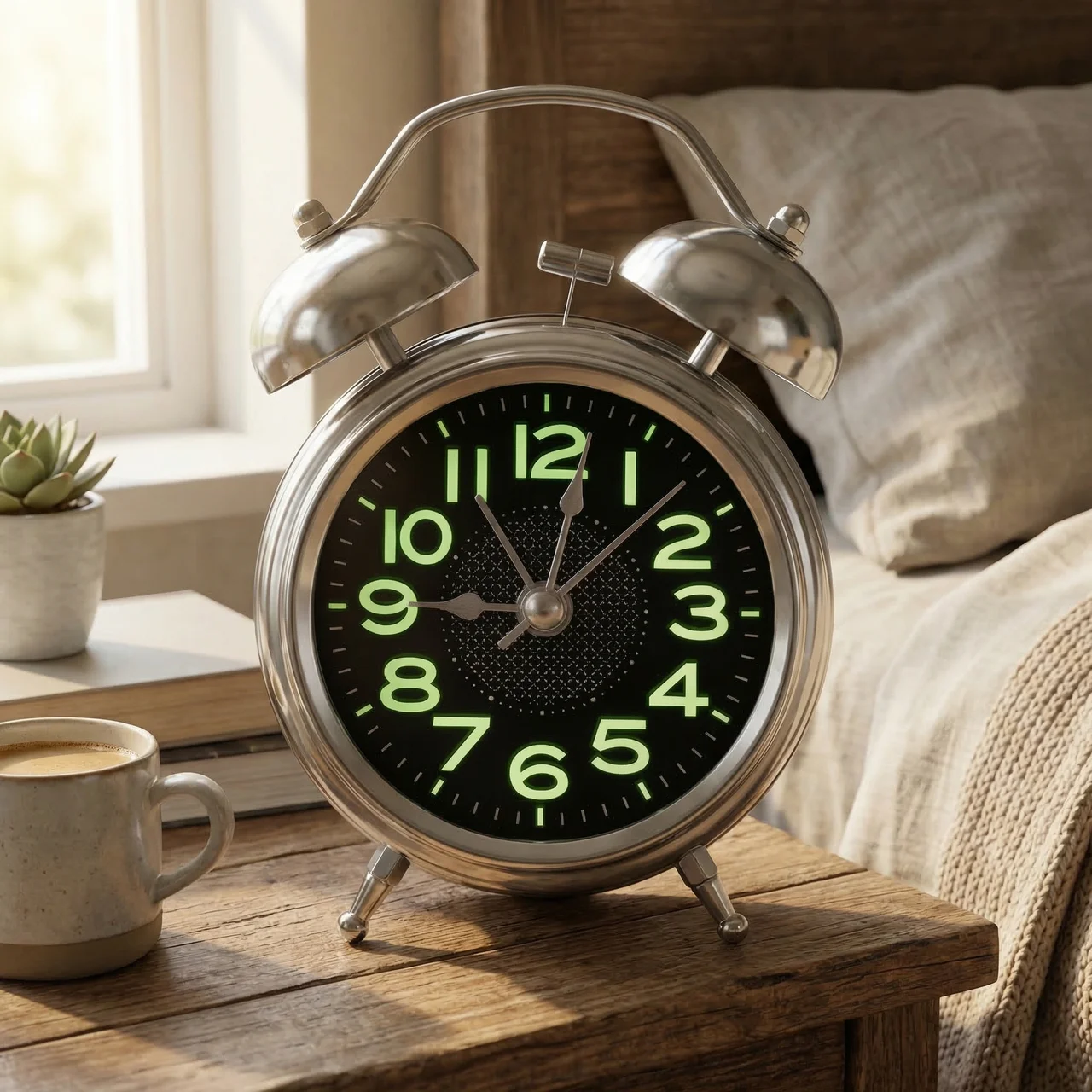 Vintage-style alarm clock with green glowing face on a wooden nightstand next to a cup of coffee.