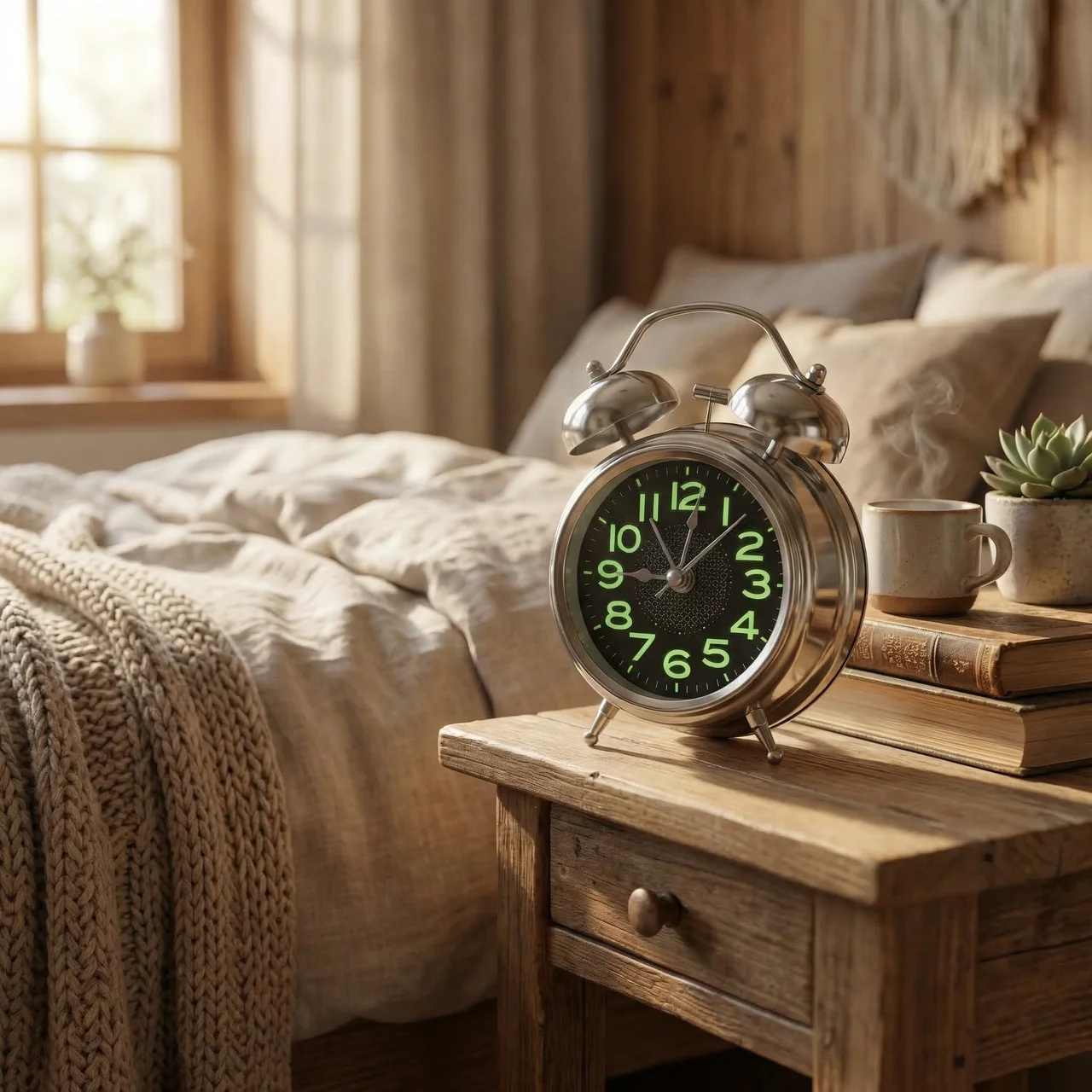 Vintage-style alarm clock with green digits on a wooden nightstand in a cozy bedroom.