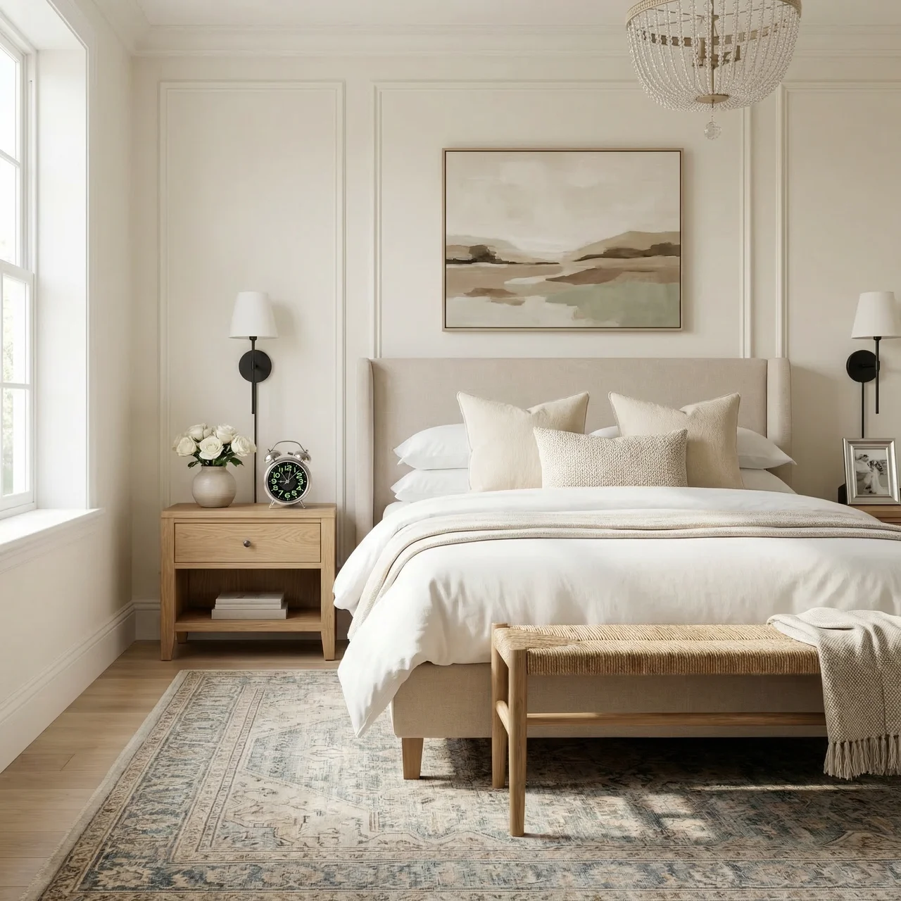 Neatly arranged bedroom with a bed, nightstands, and wall art.