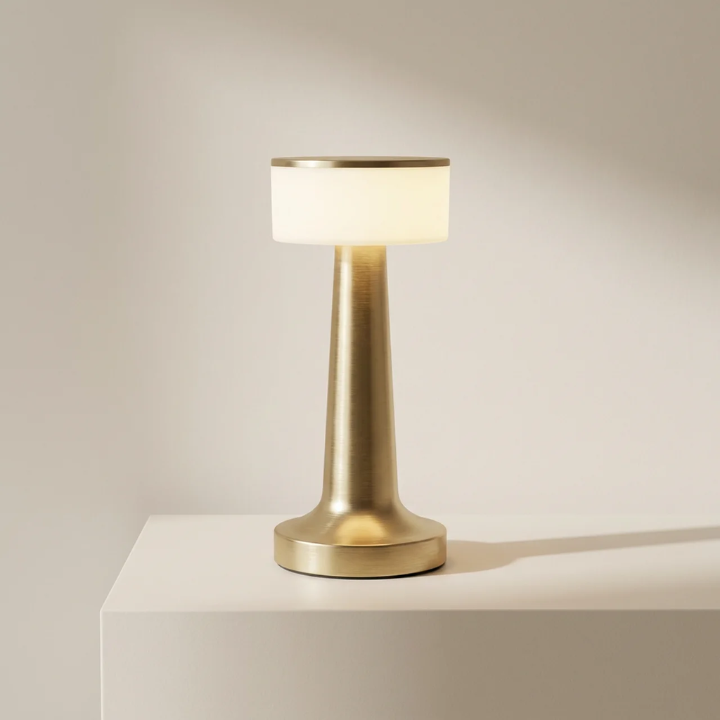 Gold table lamp with white shade on a beige background