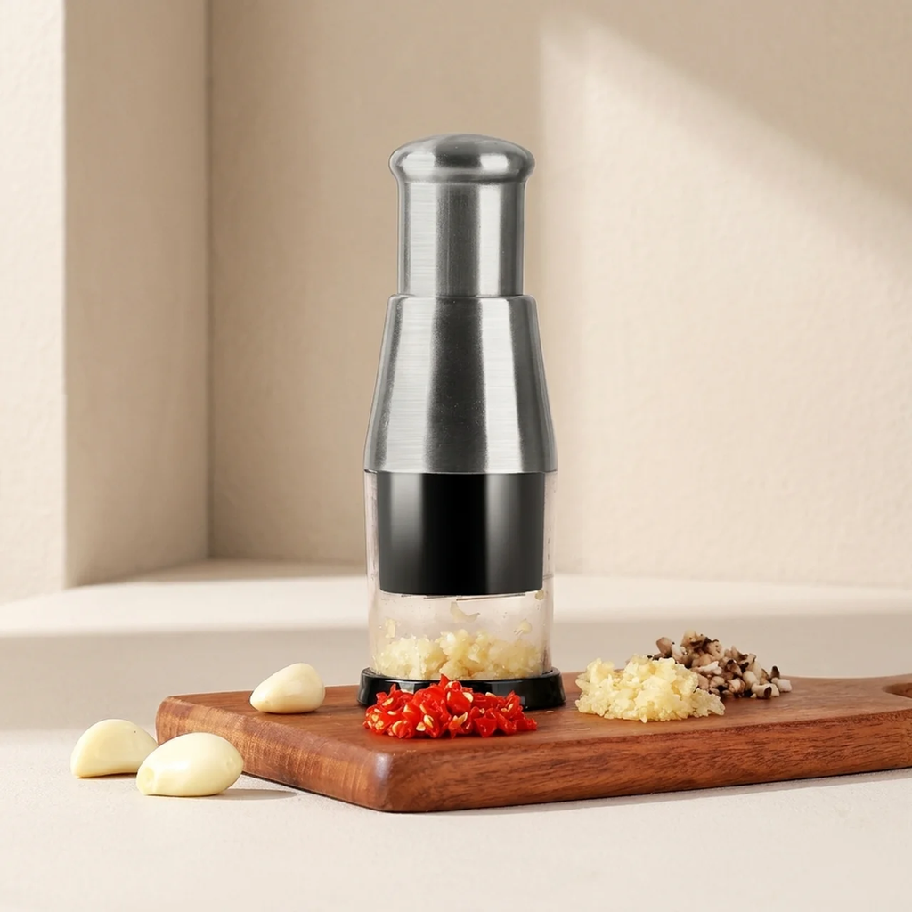 Pepper grinder on a wooden board with ground spices on a neutral background