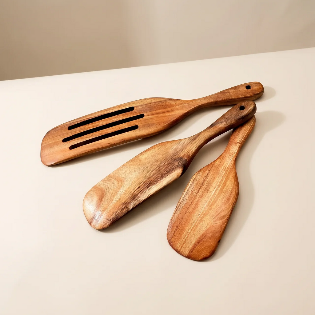 Teak Wood Spatula Set Ergonomic Grip Natural Wood Kitchen Utensils