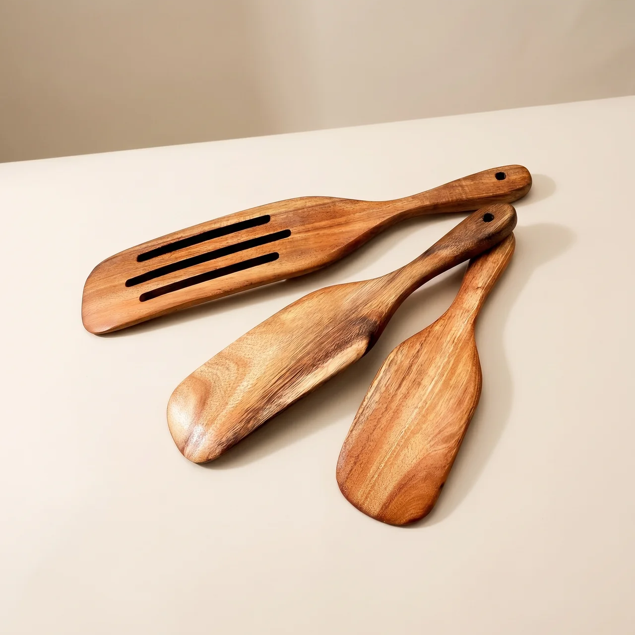 Teak Wood Spatula Set Ergonomic Grip Natural Wood Kitchen Utensils