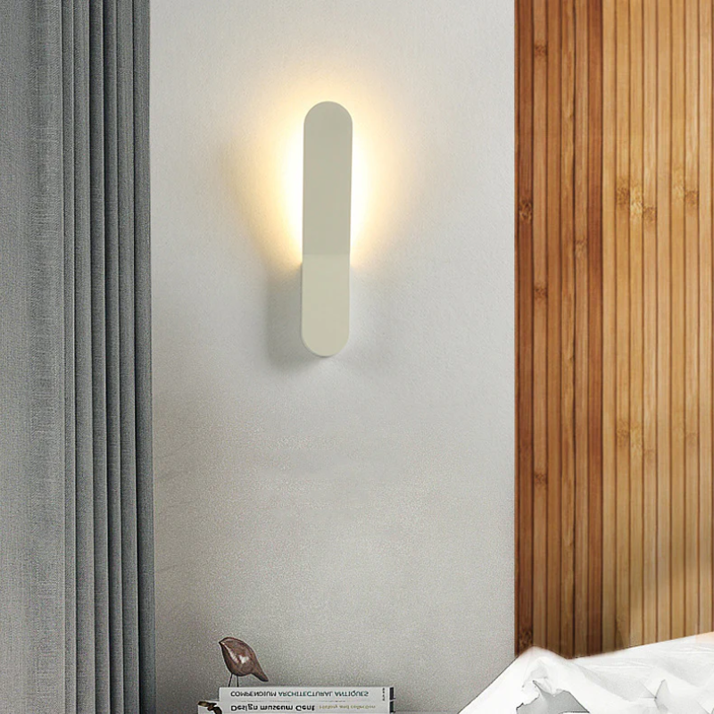 Modern wall lamp on a gray wall with wooden paneling