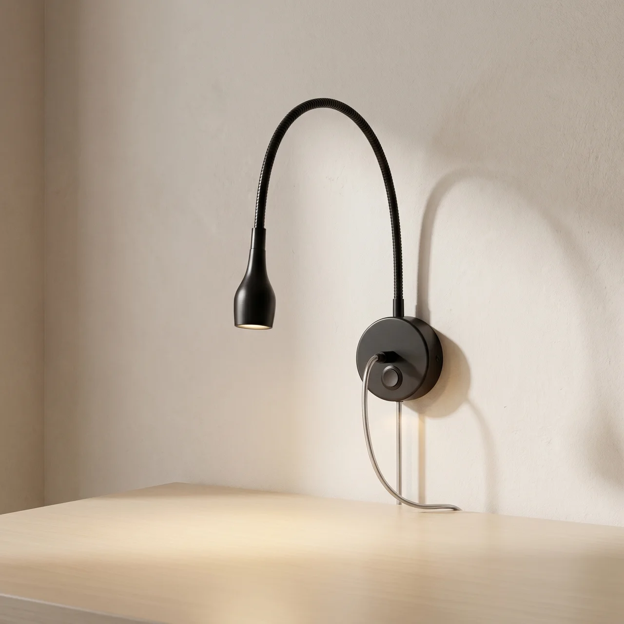 Modern wall-mounted reading lamp with flexible arm on a neutral background