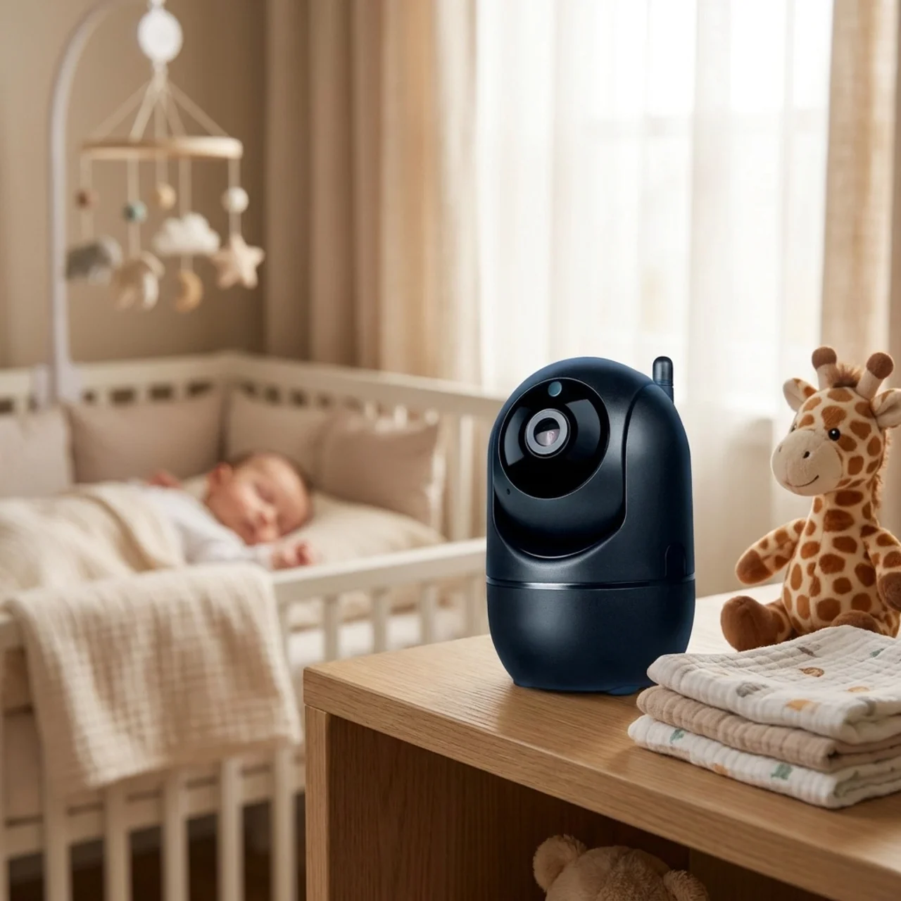 Baby monitor on a dresser in a nursery with a crib and toys in the background