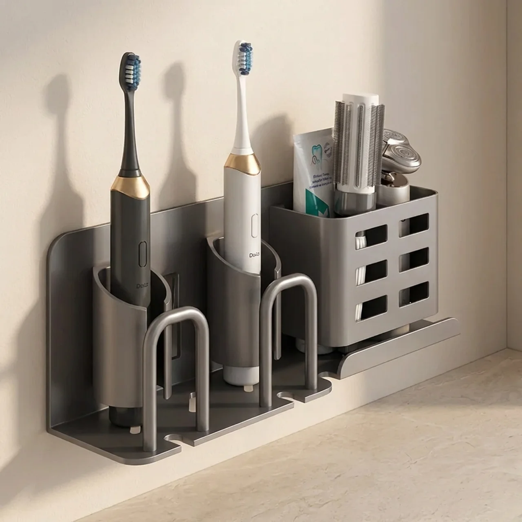 Wall-Mounted Toothbrush Holder Aluminum Matte Black Self-Adhesive Drainage Design