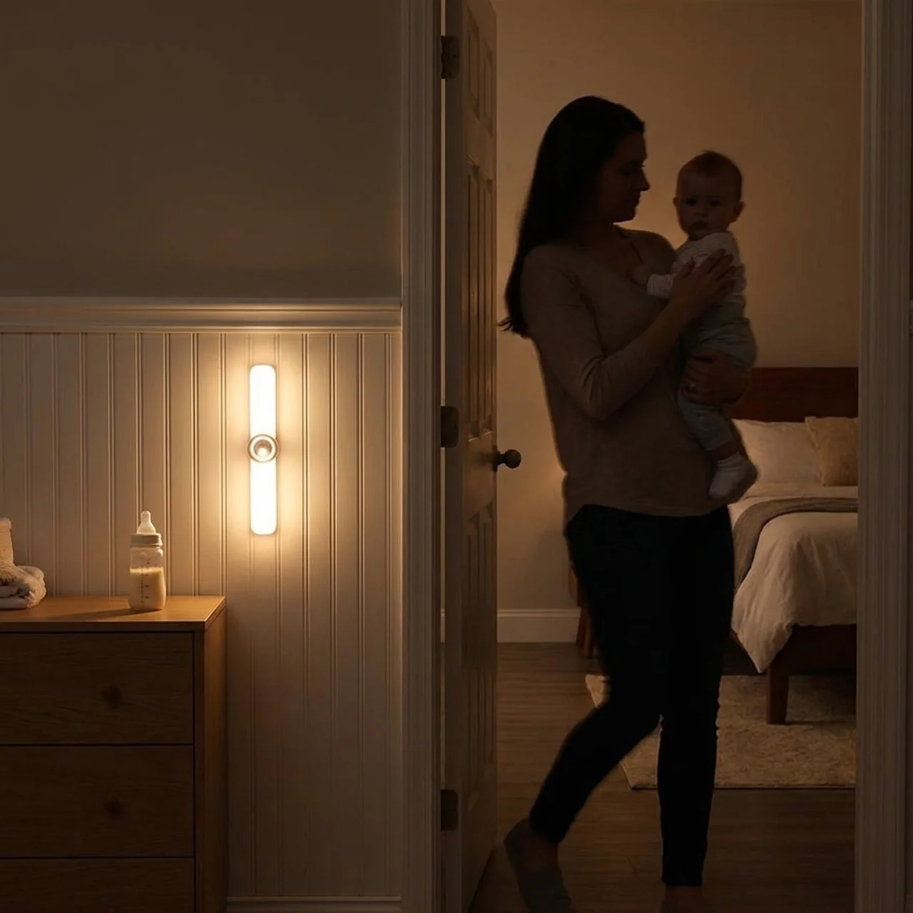 Woman holding a baby in a dimly lit bedroom