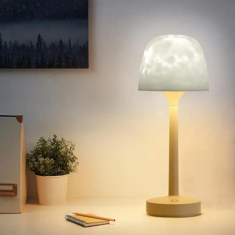 Table lamp on a desk with a plant and books in a room setting